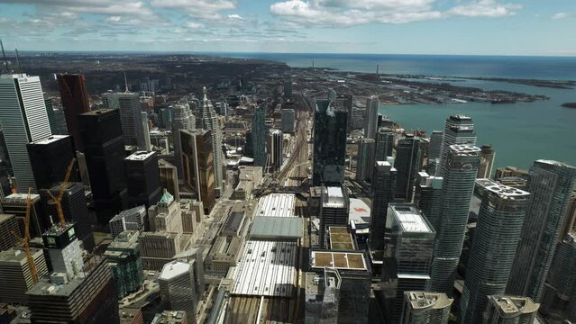 Looking east from CN Tower, skyscrapers, downtown, Lake Ontario, condos