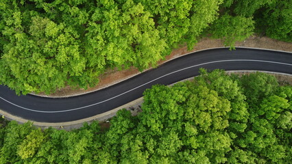 Aerial shot of a winding road passing through a beautiful dense green forest	