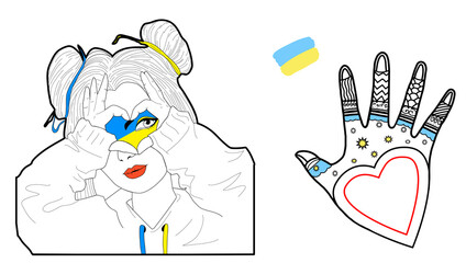 Hands in the shape of a heart in support of Ukraine. Pray For Ukraine peace. Save Ukraine from russia.  Vector illustration.