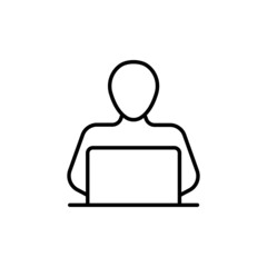 Office worker silhouette outline icon. Computer work concept. Freelance. Distance working on laptop. Flat isolated symbol, sign for illustration, app, banner, web design, dev, ui, gui. Vector EPS 10