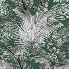Botanical Boho monochrome pattern with dry palm leaves collected in herbium on a green background for textile and surface design