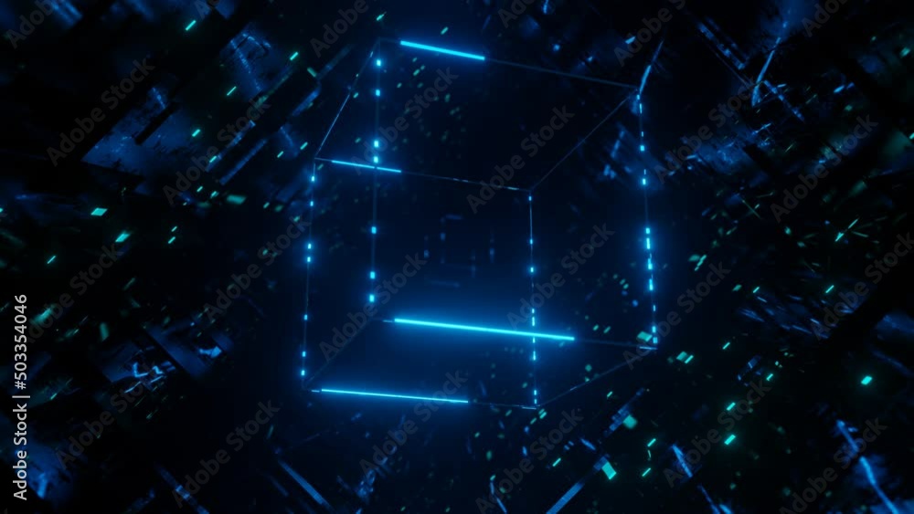 Poster 3d object or structure rotates and moves inside glass mirror tunnel with neon light, bright reflecti