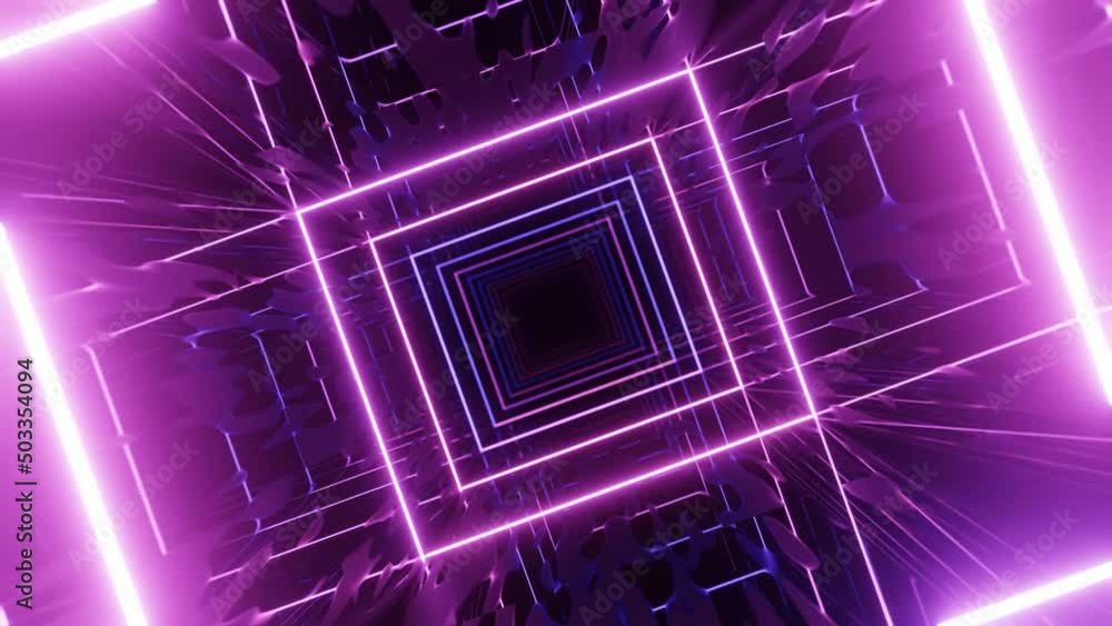 Poster 4k seamless looped animation. fly through mirror tunnel with neon pattern, glow lines form sci fi pa
