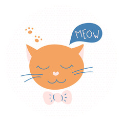 Children's illustration of an orange cute cat with a bow. Hand dawn and doodle style. Vector illustration