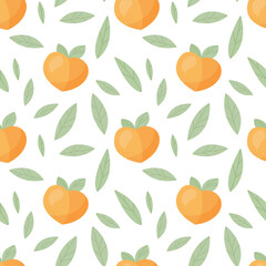 Fototapeta na wymiar Seamless pattern with fresh cute peaches and leaves in flat style. Fruit pattern for cloth, textile, wrap and other design. Cartoon vector illustration