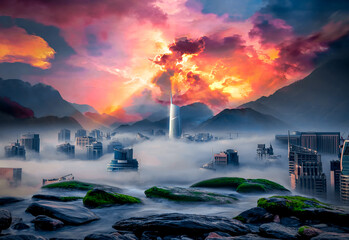 Paisaje surrealista con vista hacia el horizonte, nubes coloridas encima de una ciudad - obrazy, fototapety, plakaty