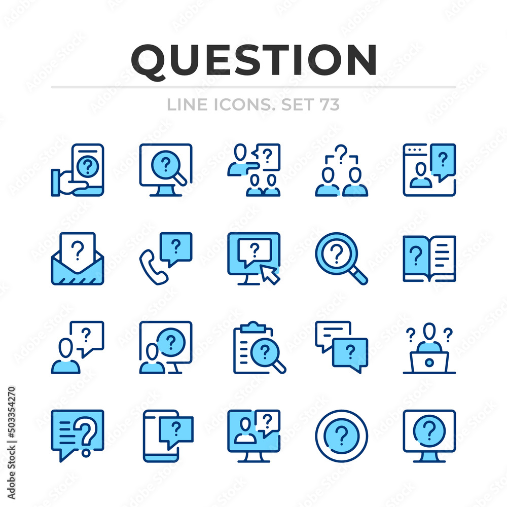 Poster question vector line icons set. thin line design. outline graphic elements, simple stroke symbols. q