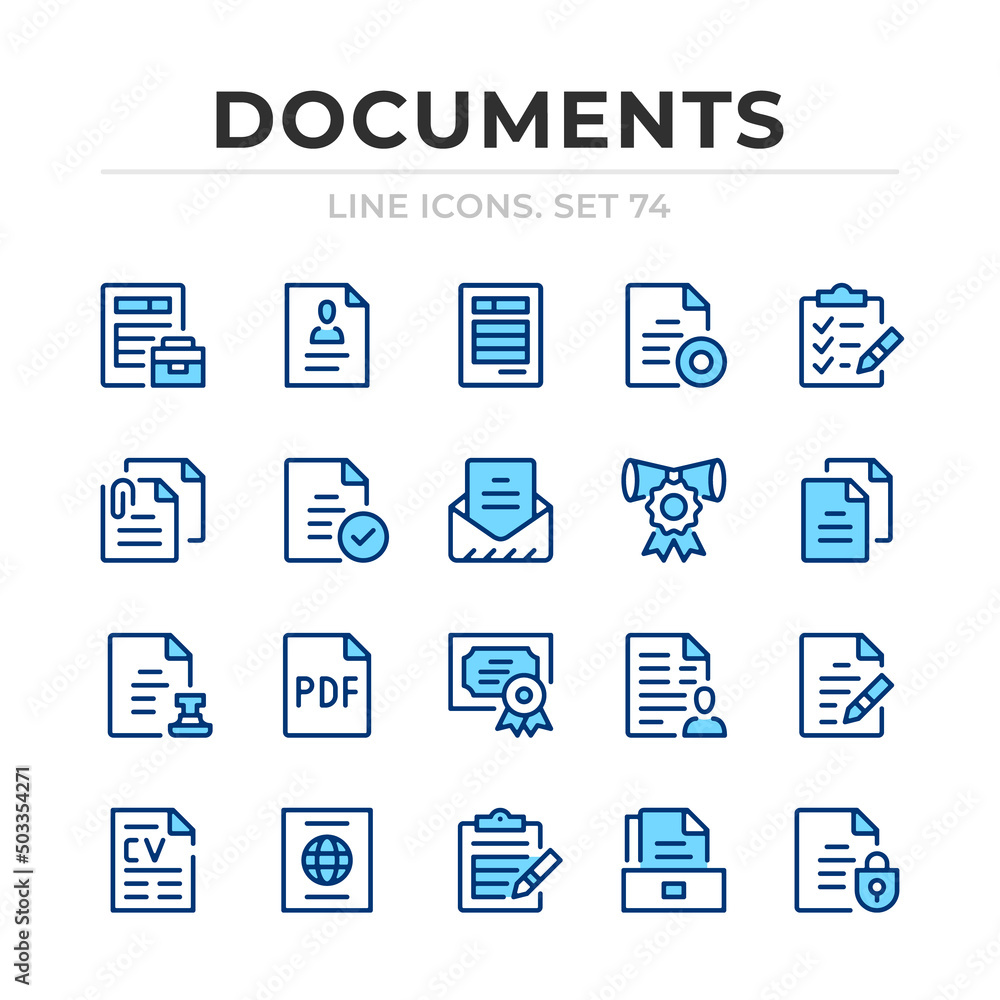 Poster documents vector line icons set. thin line design. outline graphic elements, simple stroke symbols. 