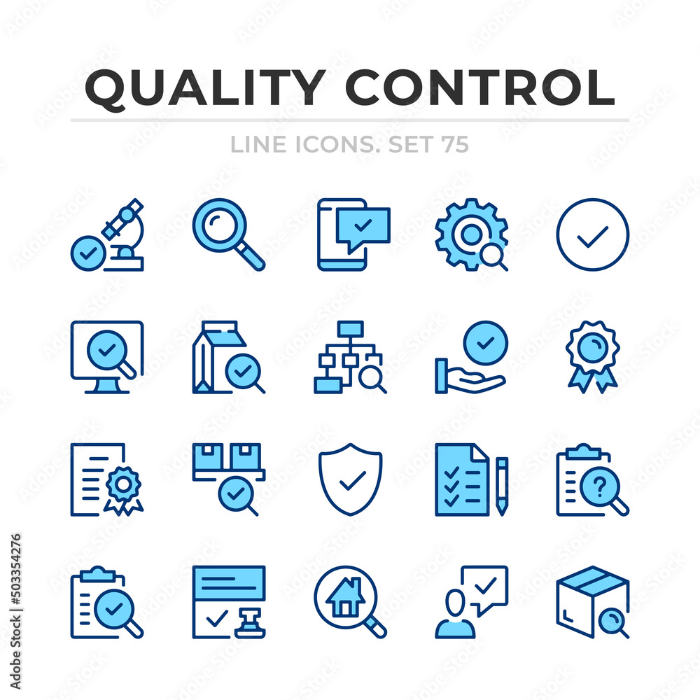 Poster quality control vector line icons set. thin line design. outline graphic elements, simple stroke sym