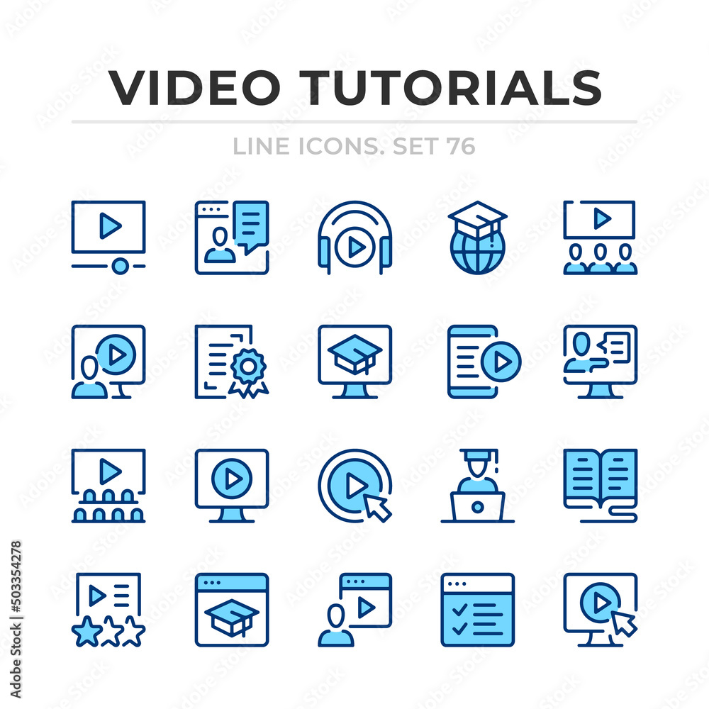 Aufkleber video tutorials vector line icons set. thin line design. outline graphic elements, simple stroke sym