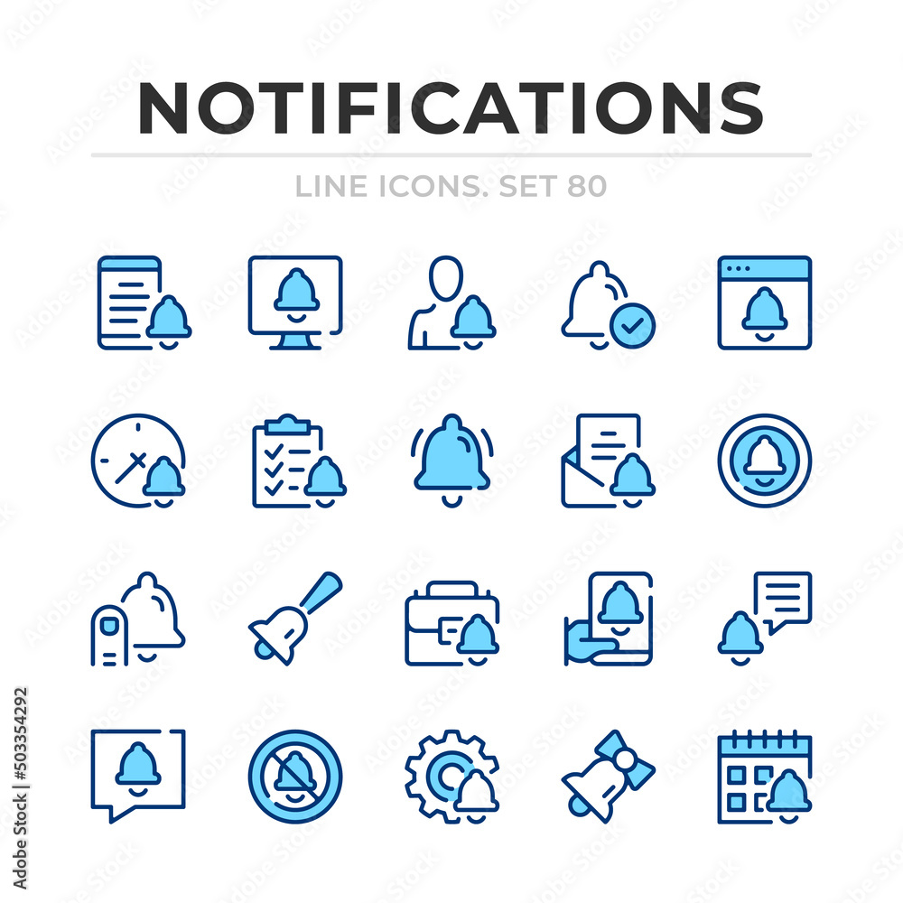 Poster notification vector line icons set. thin line design. outline graphic elements, simple stroke symbol