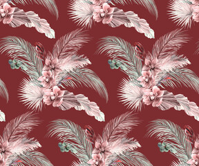 Watercolor seamless pattern with dry palm leaves herbarium. Summer motif with orchid flowers on a burgundy background in boho style for textiles and surface design