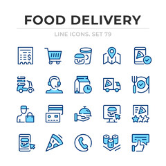 Food delivery vector line icons set. Thin line design. Outline graphic elements, simple stroke symbols. Food delivery icons