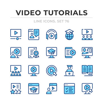 Video tutorials vector line icons set. Thin line design. Outline graphic elements, simple stroke symbols. Video tutorials icons