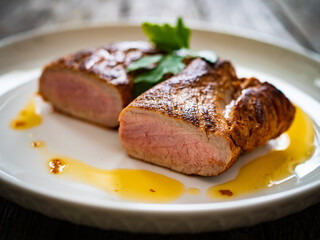 Roasted pork loin on wooden table
