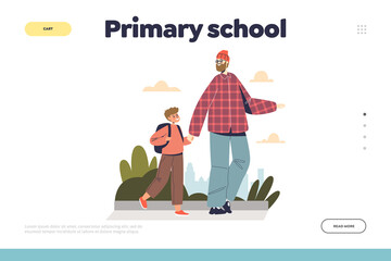 Obraz na płótnie Canvas Primary school concept of landing page with father taking kid boy to school class