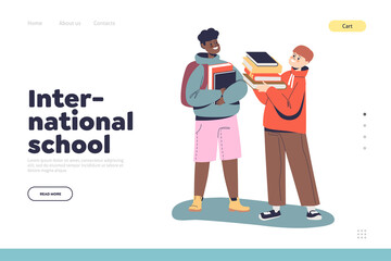 International school concept of landing page with diverse pupils boy holding books and textbooks