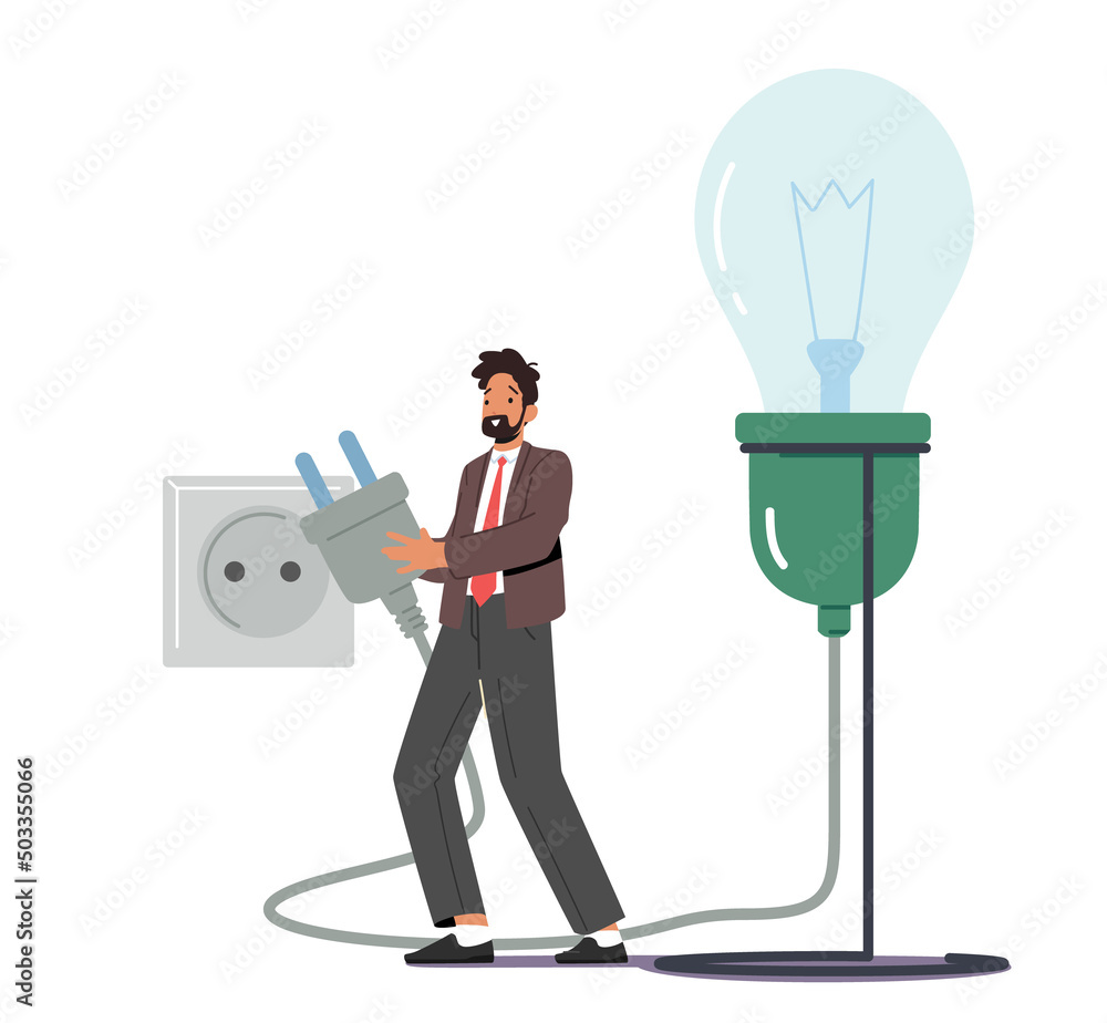 Poster male character switch on plug into socket for huge light bulb. business man work on project searchin
