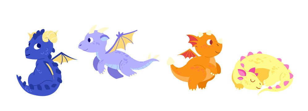 Cute baby dragons set. Happy funny animals. Flying dinosaurs with wings. Adorable friendly monsters