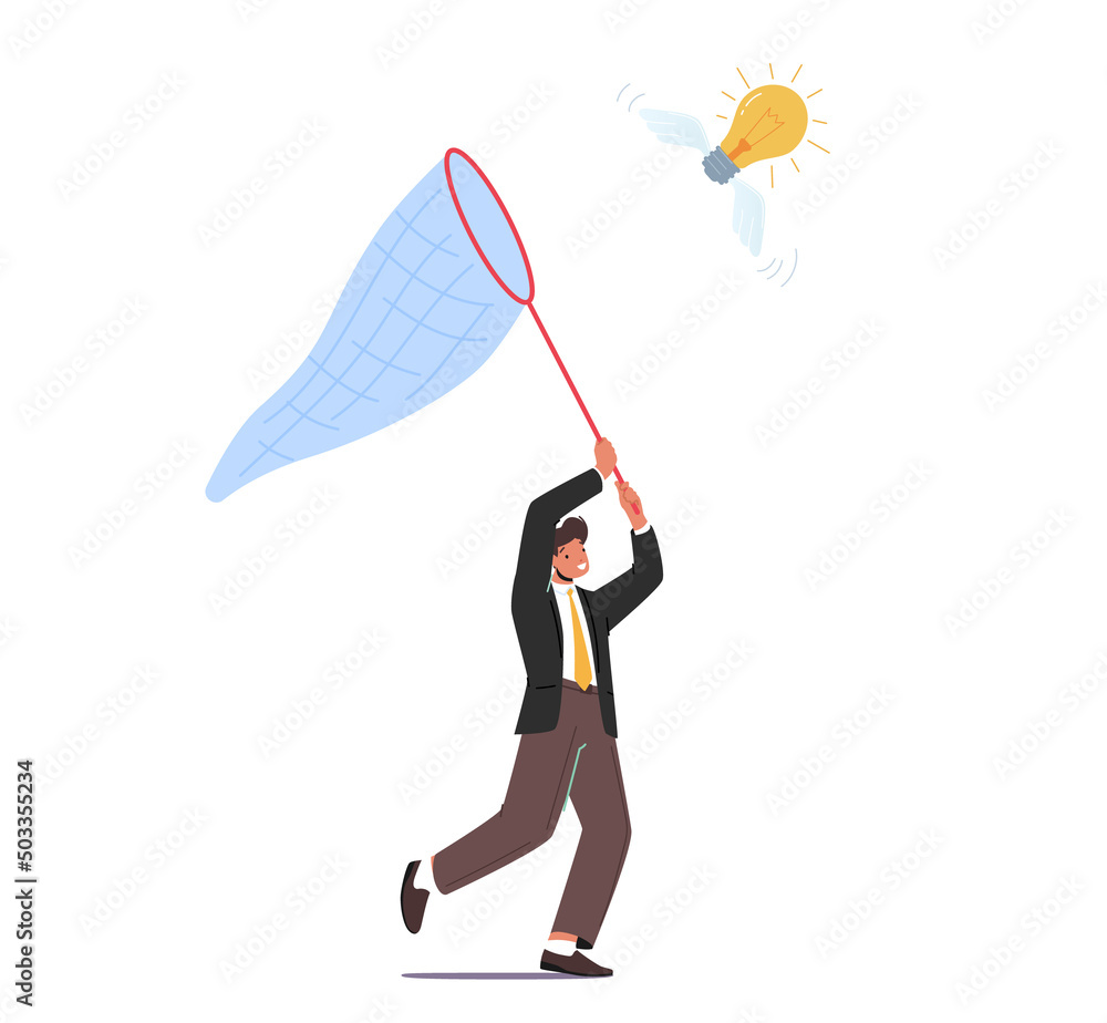 Poster businessman character chasing flying light bulb trying to catch with butterfly net isolated on white