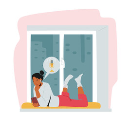 Young Female Character Listening Podcast Lying on Windowsill with Smartphone. Webinar, Online Training, Podcasting
