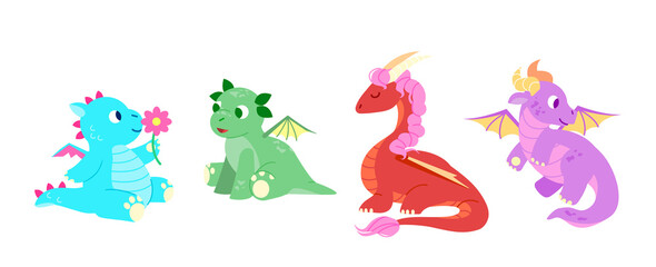 Cartoon dragon kids fantasy cute creature mascots. Funny dragon babies, from legends and fairytales