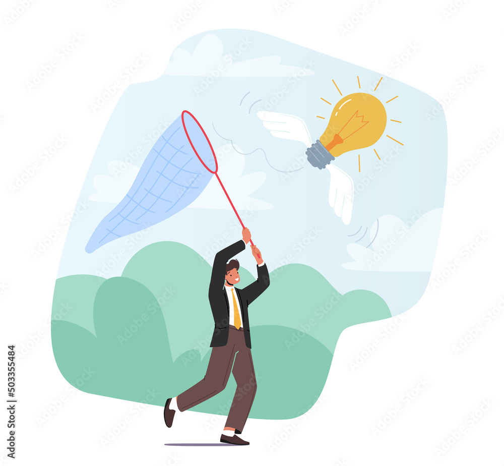 Poster businessman chasing flying light bulb trying to catch it with butterfly net. business man searching 
