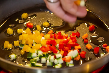 Dish with eggplant, zucchini and bell peppers in frying pan close-up over low heat