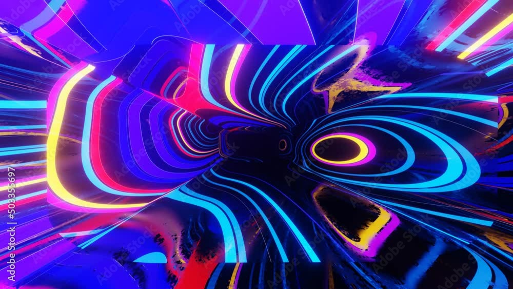 Poster colorful multicolor pattern. fly through mirror tunnel with neon pattern, glow lines form sci fi pat