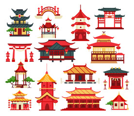 Chinese traditional buildings. Asian temples, gates, bridges, pagoda and palace heritage set - obrazy, fototapety, plakaty