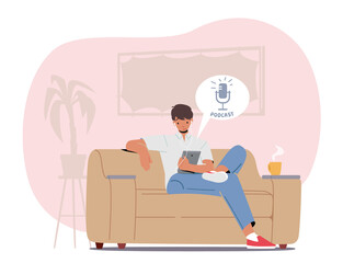 Audio Podcast Listener Sit in Comfortable Sofa at Home Listening Podcast via Headset and Tablet. Young Online Training