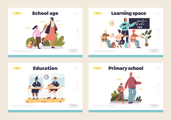 Schoolchildren concept of landing pages set with kids learning, walking to school and during lesson