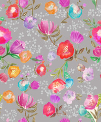 Fototapeta premium Watercolor hand-drawn floral design.They are very beautiful with their summer and spring colors and flowers. For textile, wallpaper and other prints.
