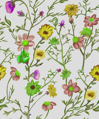 Hand drawn floral seamless pattern with textured flower. Wild flowers illustration in dark background
