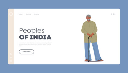 People of India Landing Page Template. Elderly Indian Man with Walking Cane wear Green Long Robe and Blue Pants