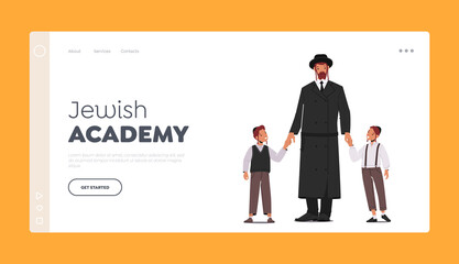 Jewish Academy Landing Page Template. Traditional Jewish Family, Orthodox Jew Father with Sons Characters