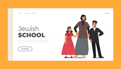 Jewish School Landing Page Template. Traditional Jewish Family Mother with Daughter and Son, Orthodox Jew Generations