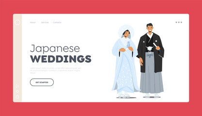 Traditional Japanese Wedding Landing Page Template. Asian Marriage Ceremony. Newlywed Couple Wear National Costumes