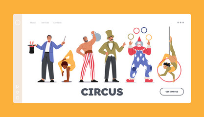 Circus Artists Landing Page Template. Magician with Rabbit, Gymnast and Acrobat, Strongman with Dumbbell