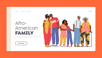 Afro-american Family Landing Page Template. Big Happy African Family Characters Father, Mother, Grandparents, Children