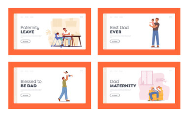 Single Father Raising Child Landing Page Template Set. Dad Feed Son, Play with Toddler, Tired Dad Sleep. Happy Family