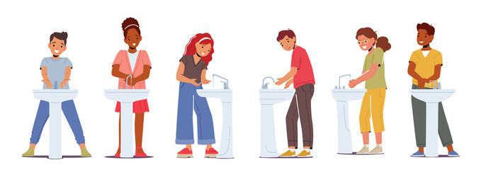 Set of Kids Washing Hands, Happy Little Boys and Girls Characters Hygiene Procedure, Children Morning Routine
