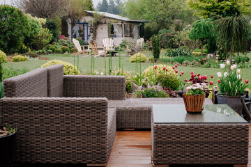 Meble ogrodowe, patio na tarasie udekorowane kwiatami , tulipanami w doniczkach. Strefa wypoczynku i relaksu w zielonym ogrodzie - obrazy, fototapety, plakaty