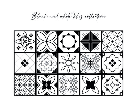 Black and white tiles collection. Azulejos art design. Spanish, Portugease tiles set. Seamless pattern.