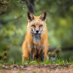Red fox (Vulpes vulpes) close up sitting in forest Colorado, USA