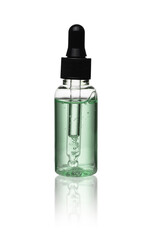  Glass bottle cosmetics with dropper and black lid. Green liquid essential, collagen serum and organic aroma oil for beauty isolated on white background with reflection