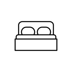 Hotel, motel or lodging thin line icon in black. Double bed on white background. Flat style isolated symbol, for: illustration, minimal, logo, mobile, app, emblem, design, web, ui, ux. Vector EPS 10