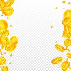 Chinese yuan coins falling. Admirable scattered CNY coins. China money. Dramatic jackpot, wealth or success concept. Vector illustration.