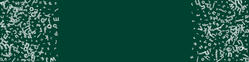 Falling letters of English language. Sketch chalk flying words of Latin alphabet. Foreign languages study concept. Rare back to school banner on blackboard background.