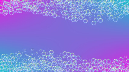 Fototapeta na wymiar Detergent foam. Soap bath bubble and suds for bathtub. Shampoo. Rainbow Blue fizz and splash. Realistic water frame and border. 3d vector illustration template. colorful liquid detergent foam